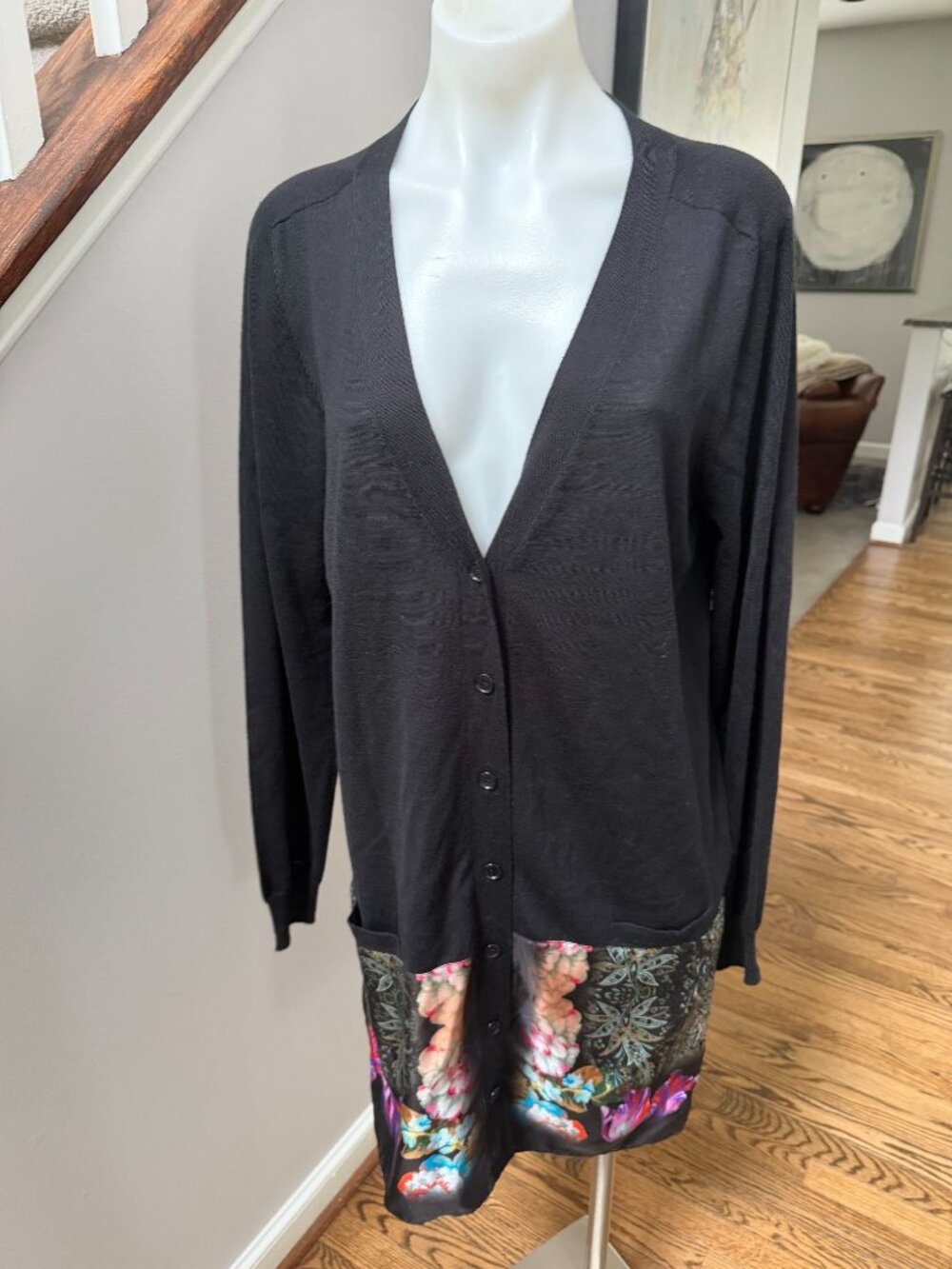 ETRO Milano 100% Silk + Wool Floral Panel Cardigan Sweater Black 46 / Large